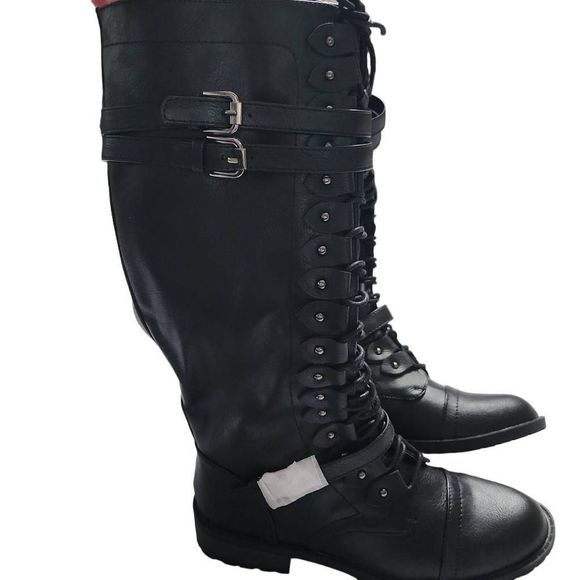 Illude Ladies Timberly Black Knee High Lace Up Buckle Military Boots - Size 7 - Picture 5 of 9